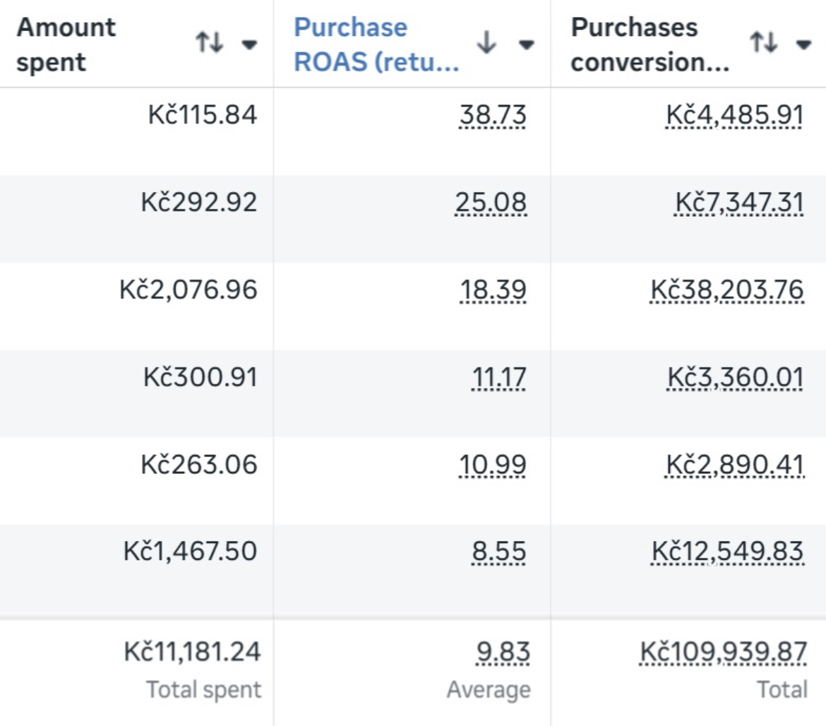 Meta Ads dashboard showing 9.83 average ROAS on EU apparel campaign